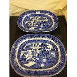 Two antique blue and white willow pattern meat plates