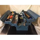 A cast iron bench frame, metal tool box of tools, box of spirit level,