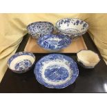 A tray of assorted blue and white china - Copeland Spode bowl, Burleigh ware bowl,