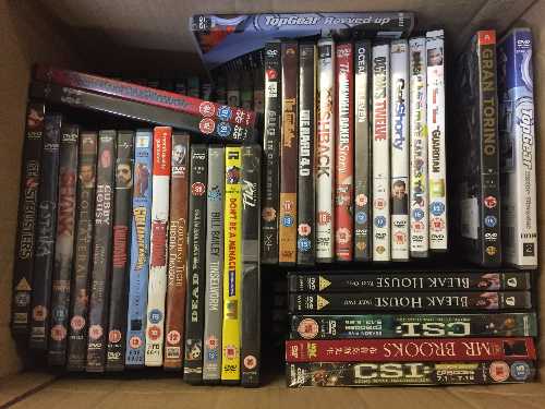 A box of assorted DVDs