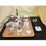 A tray of Royal Albert cup and saucer, bone china hedgehog, china bell,