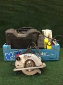 A box of air compressor, cased Skill saw, electric hammer drill, Spall electric sander,