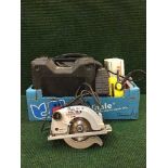 A box of air compressor, cased Skill saw, electric hammer drill, Spall electric sander,