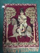 A fringed Persian pictorial rug/wall hanging, depicting a nobleman on horseback, 88cm by 63cm.