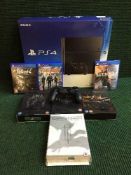 Box of Sony PS4, games and controller,