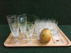 A tray of assorted lead crystal including wine glasses, sherry glasses, Selkirk glass vase,
