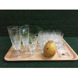 A tray of assorted lead crystal including wine glasses, sherry glasses, Selkirk glass vase,