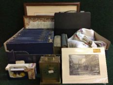 A box of copper framed picture - Newcastle upon Tyne, set of knowledge books, carriage clock,