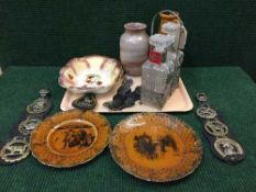 A tray of two decanter tantalus, with decanters and labels, a West German vase, pottery vase,