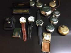 A collection of assorted pocket watches, wristwatches, harmonica, ships calender,
