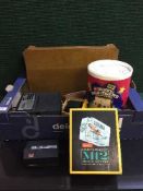 Box of oak cutlery canteen, trinket box, assorted cameras,