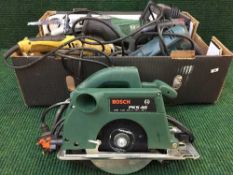 A box of power tools, Bosch reciprocating saw, Bosch hand saw, electric drill, angle grinders,