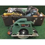 A box of power tools, Bosch reciprocating saw, Bosch hand saw, electric drill, angle grinders,