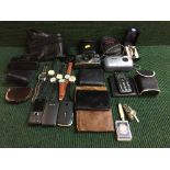 A box of cased Tegner binoculars, assorted cameras, mobile phones, pen knives,