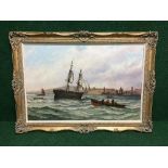 Stuart Henry Bell : Shipping off Sunderland Harbour, oil on canvas, signed, 59 cm x 90 cm, framed.