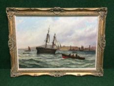 Stuart Henry Bell : Shipping off Sunderland Harbour, oil on canvas, signed, 59 cm x 90 cm, framed.