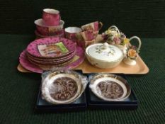 A tray of Wedgwood lidded dish, flower posies, two boxed Royal Doulton Tennyson plates,