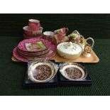 A tray of Wedgwood lidded dish, flower posies, two boxed Royal Doulton Tennyson plates,