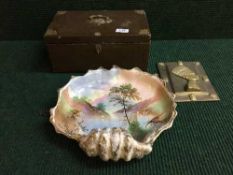 A tray of early twentieth century table box with brass mounts together with a shell china wall