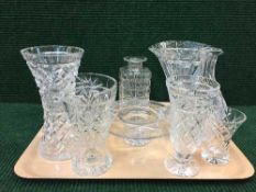 A tray of assorted lead crystal glass vases, flower posies,