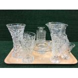 A tray of assorted lead crystal glass vases, flower posies,