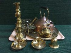 A tray of copper and brass kettle, trivet,