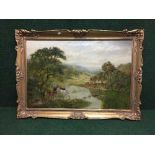 William Irving : Cattle watering by a river with a valley beyond, oil on canvas, signed,