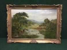 William Irving : Cattle watering by a river with a valley beyond, oil on canvas, signed,