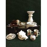 Three boxes of Royal Doulton mugs, stoneware flaggon, toilet jug and basin,