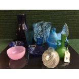 A tray of assorted coloured glass, studio pottery vase, glass vase,