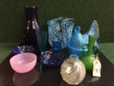 A tray of assorted coloured glass, studio pottery vase, glass vase,