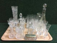 A tray of lead crystal including a French crystal vase, decanter and stopper, vinegar bottle,