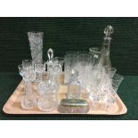 A tray of lead crystal including a French crystal vase, decanter and stopper, vinegar bottle,