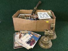 Box of Meccano magazines, brass candlesticks, Boy's own papers,