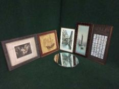 A box of inlaid mahogany framed Garman Morris print - Ships at sea, frameless bevelled mirror,