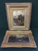 Two early 20th century gilt framed oils on canvas, cattle watering signed H.