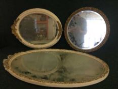 Box of two cream and gilt framed mirrors, circular framed mirror,
