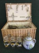 A wicker hamper and two cases containing a large quantity of Kilner jars, Royal Tuscan china,
