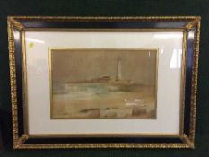 A black and gilt framed watercolour -St Mary's Lighthouse, Whitley Bay by Graham Bell,