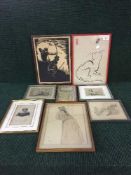 An interesting collection of thirteen pencil sketches, engravings, etchings, a hand-coloured map,