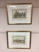 Two gilt framed antique hand coloured engravings depicting figures and buildings.