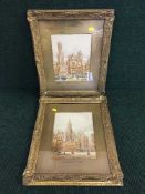 A pair of gilt framed watercolours, Senlis, France and Bruges by H.