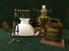 A tray containing brass oil lamp with shade, brass spirit kettle on stand,
