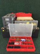 A metal cased quick silver carpenter's kit together with four storage boxes containing screws etc.