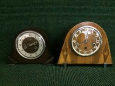A inlaid walnut Art Deco style clock together with an oak mantle clock