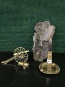 A trench art table lighter, scuttle and cannon,