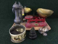 A tray of pewter ewers, vintage scales and weights,