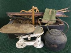 A box of horse brasses, folding artist's easel, kitchen scales, poss stick,