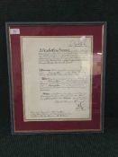 A framed certificate : Order of the British Empire to Hermine Dorothea Caroline De Vivenot,