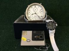 A boxed Wempe contemporary alarm clock together with an Marea wrist watch and Kodak disc 4000